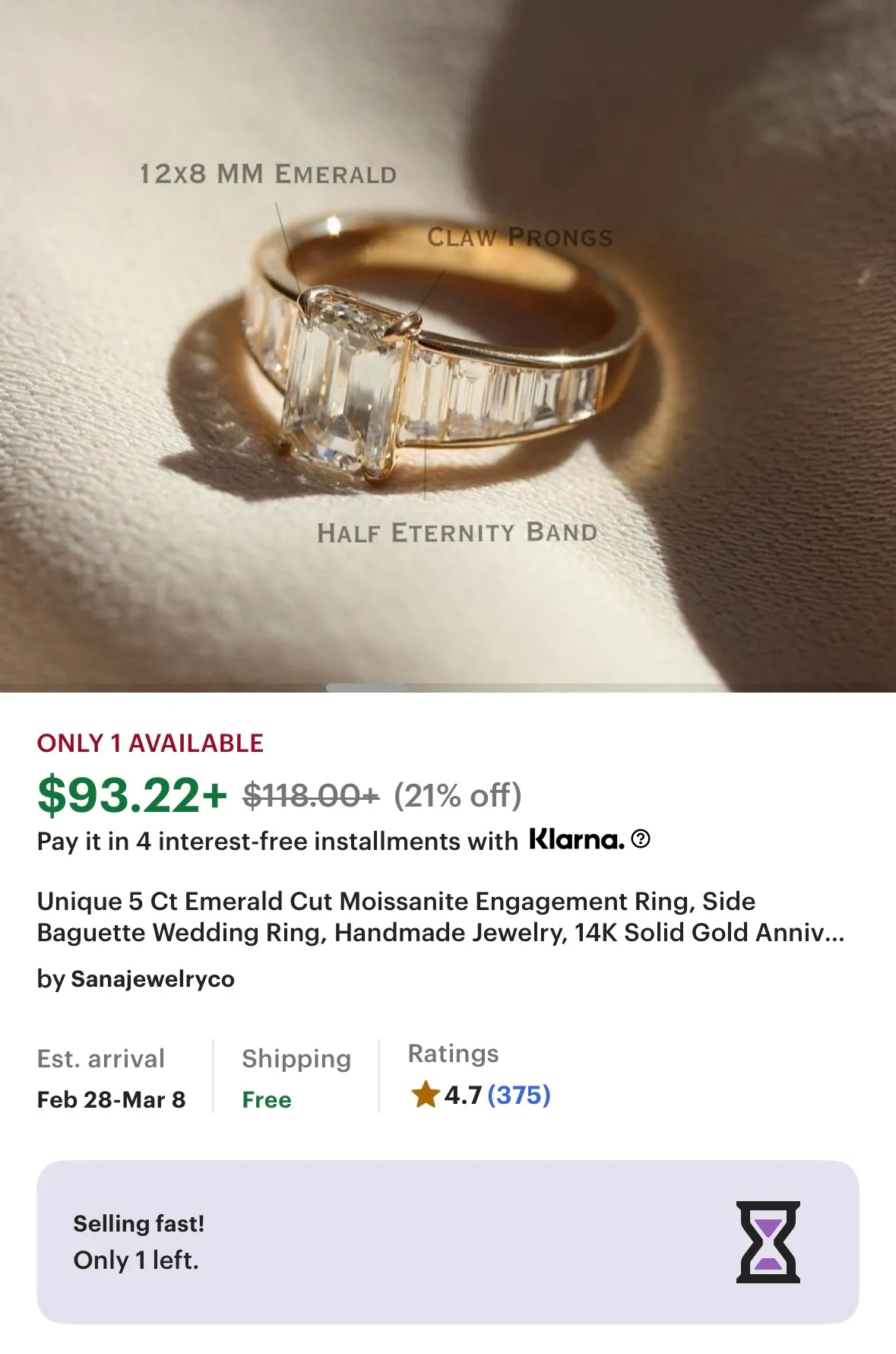 Vintage Cut Gold Moissanite Ring Size 9 - Image 2