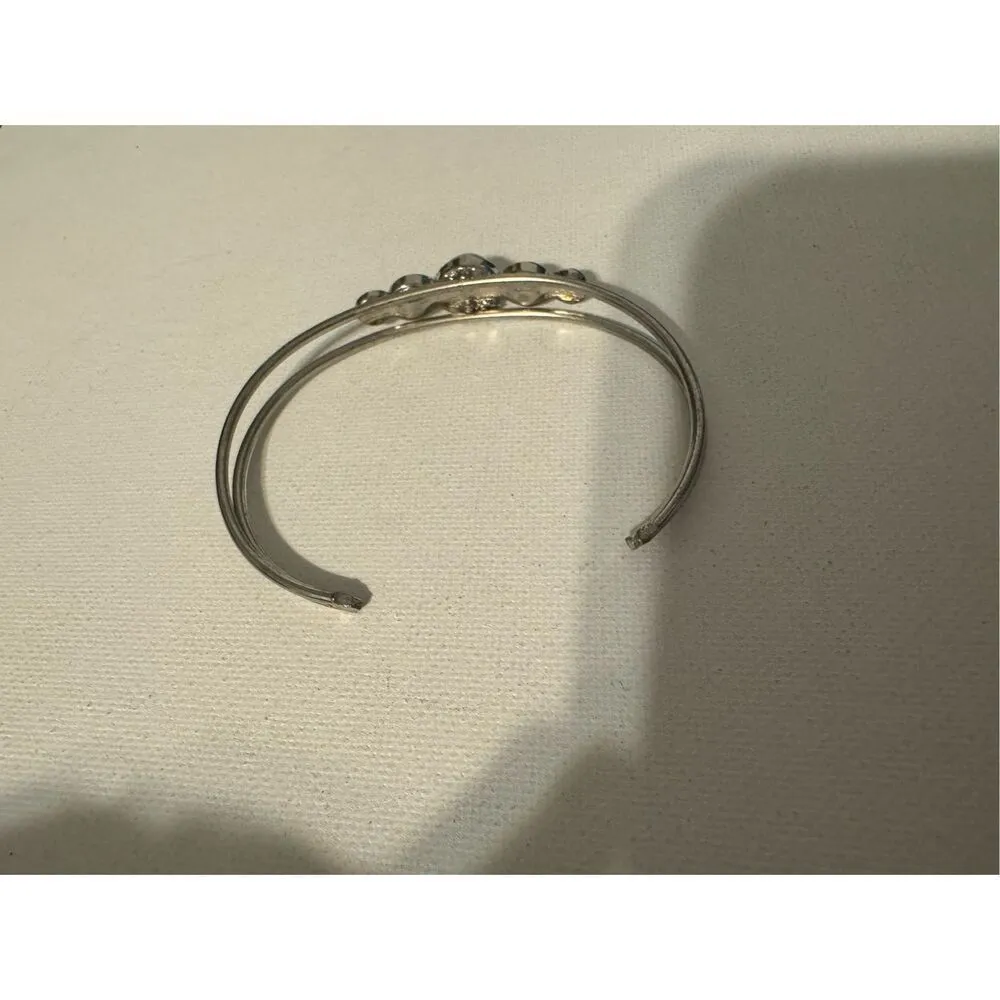 Vintage Y2K Silver Tone White Pearly Rhinestone Wide Statement Bangle Bracelet Silver - Image 5