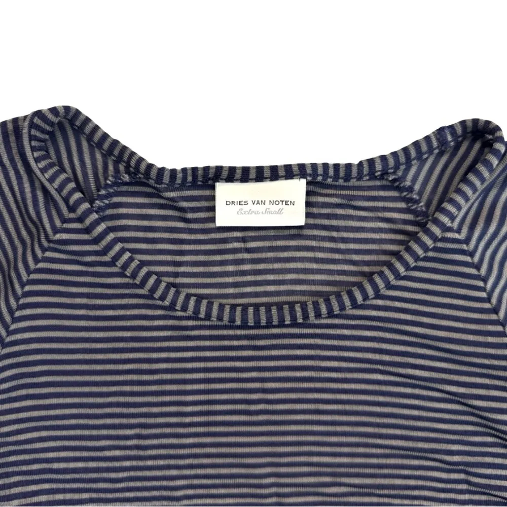 Dries Van Noten Gray Navy Stripe Long Sleeve Semi Sheer Crew Neck Top‎ XS - Image 2