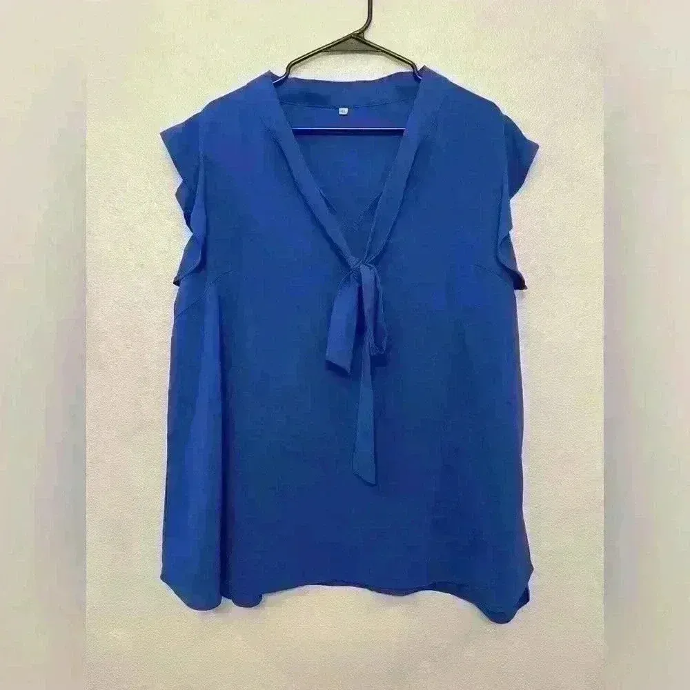 Generic Women's Summer Casual Solid Sleeveless Ruffle Elegant Blue Blouse Sz 2X‎ - Image 2