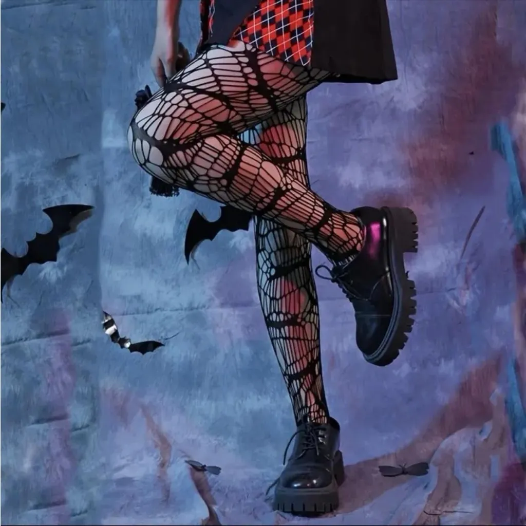 Black Bat Patterned Fishnet Tights, High Waist Footed Pantyhose One‎ Size - Image 10