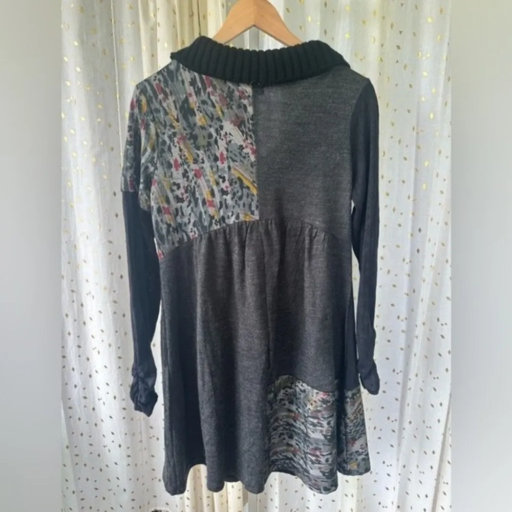 Emma G Mix Print Knit Cow Neck Longline Long Sleeves Ruched Wrist Sweater Dress Black Size M - Image 3