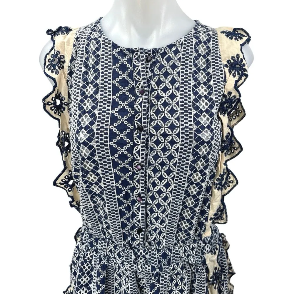 Chloe Laetitia Blue Sleeveless Ruffle Eyelet Cami Camisole Mini Tank Dress S/M - Image 3