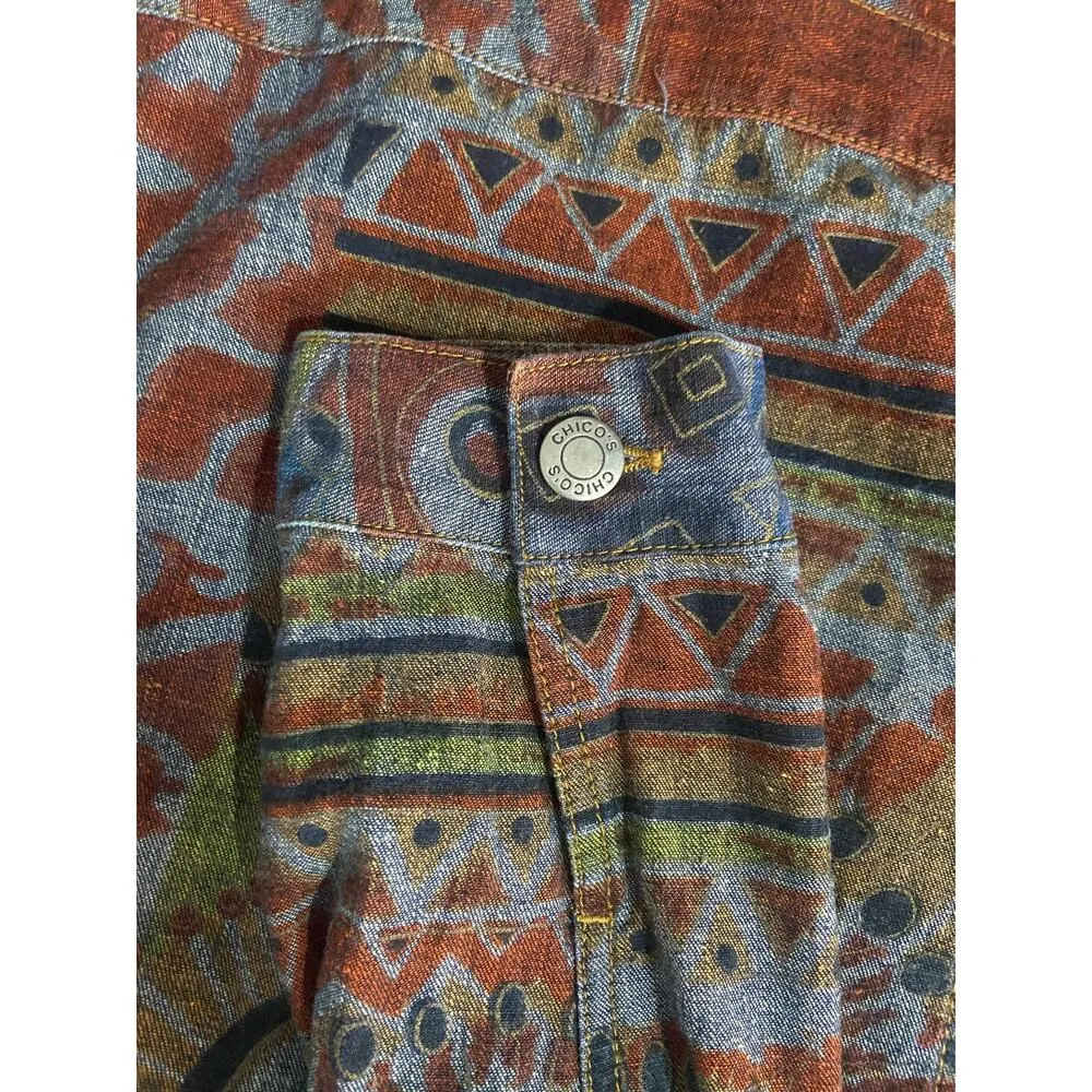 Chicos 1 Denim Jean Jacket Womens M Collar Long Slv Cotton Western Aztec Tribal - Image 6