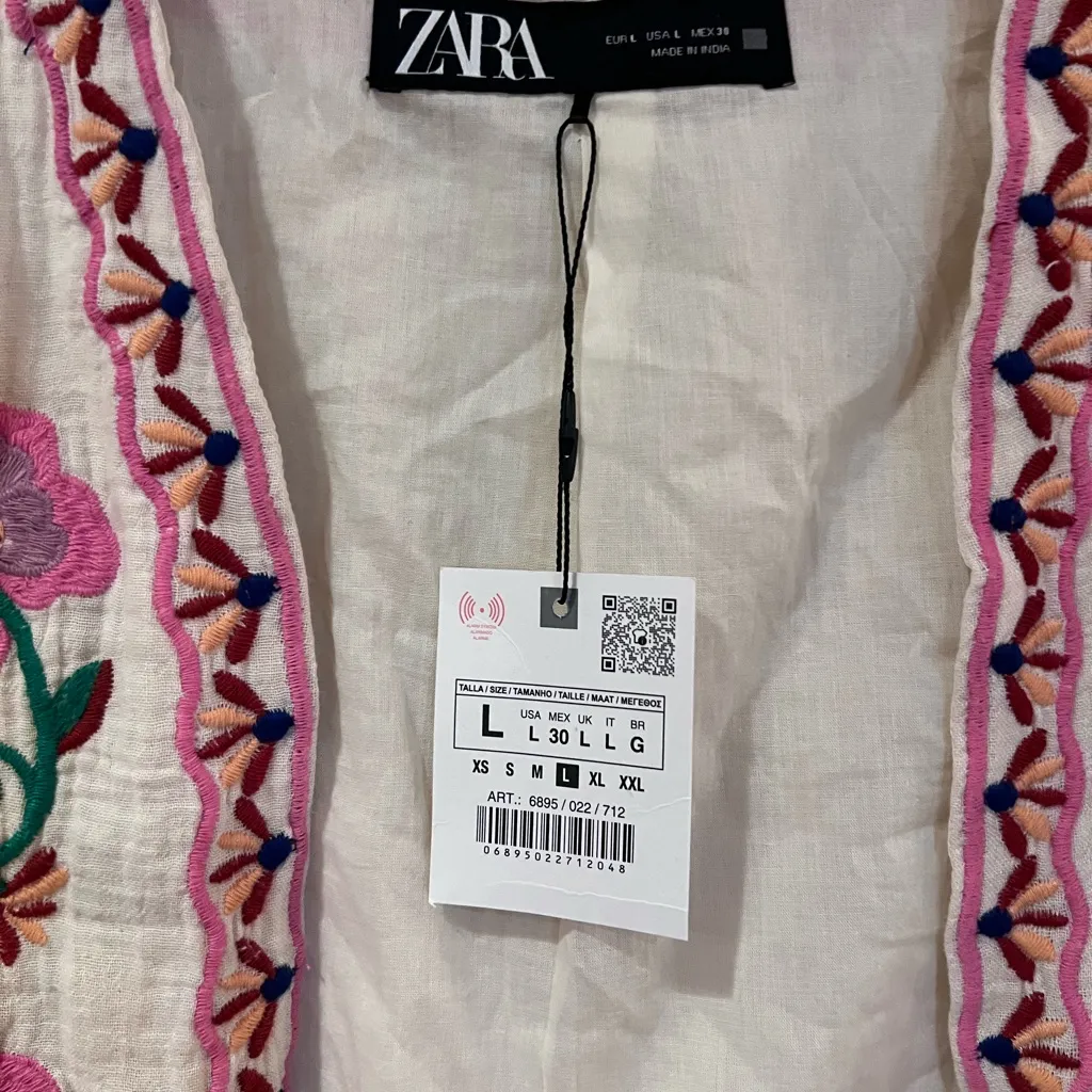 ZARA Floral Embroidered Open Front Lined Cotton Vest Ecru Pink Purple Size Large - Image 15