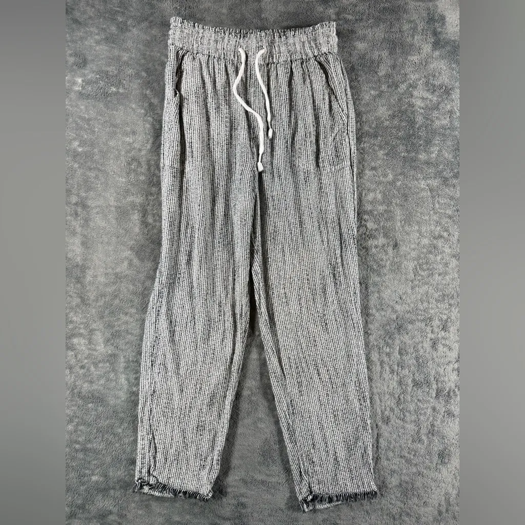 Aerie High Rise Pinstripe Fringe Lounge Pants Black White Beach Flowy Breathable - Image 2