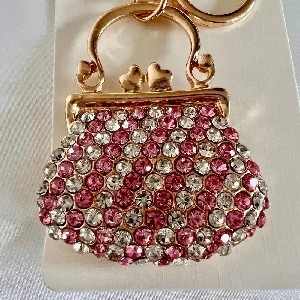 Mini Purse Bag And Key Chain Charm Pink Crystal Rhinestone Gold Tone Hardware - Image 2