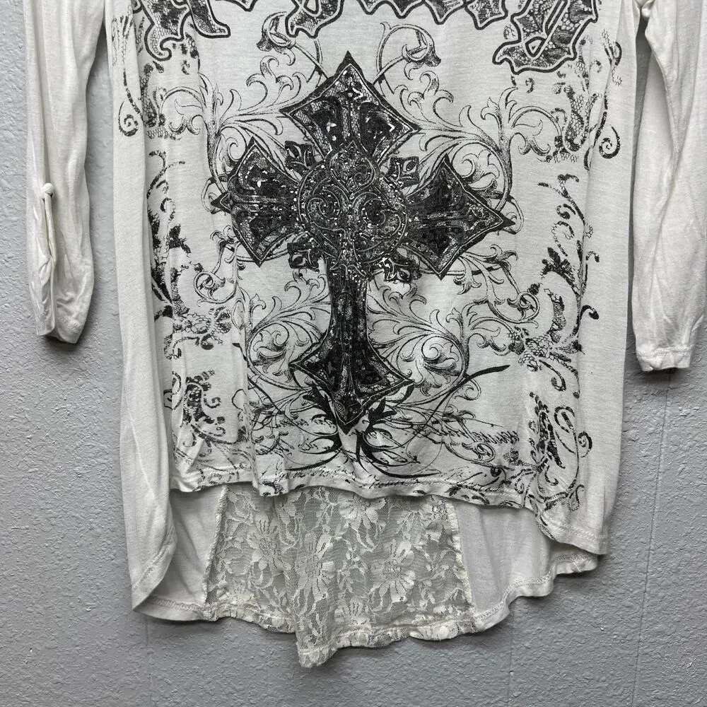 Rhinestone Flowy Womens Top Small Rockabilly Punk Chaotic Academia Streetwear White - Image 3