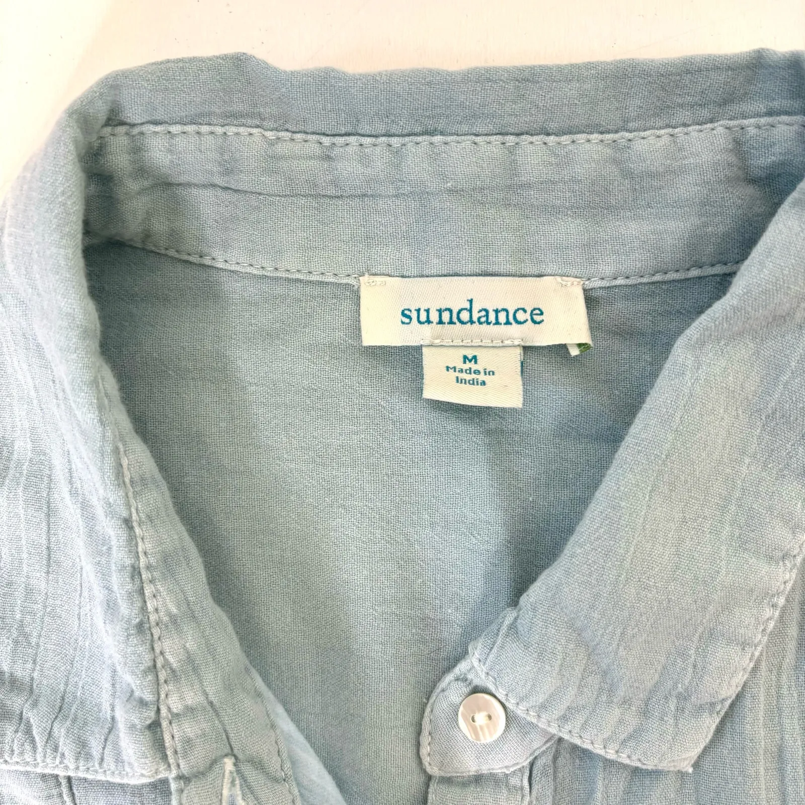 Sundance Short Sleeve Collared Button Down Lace Pin Tucks Seafoam M - Image 7