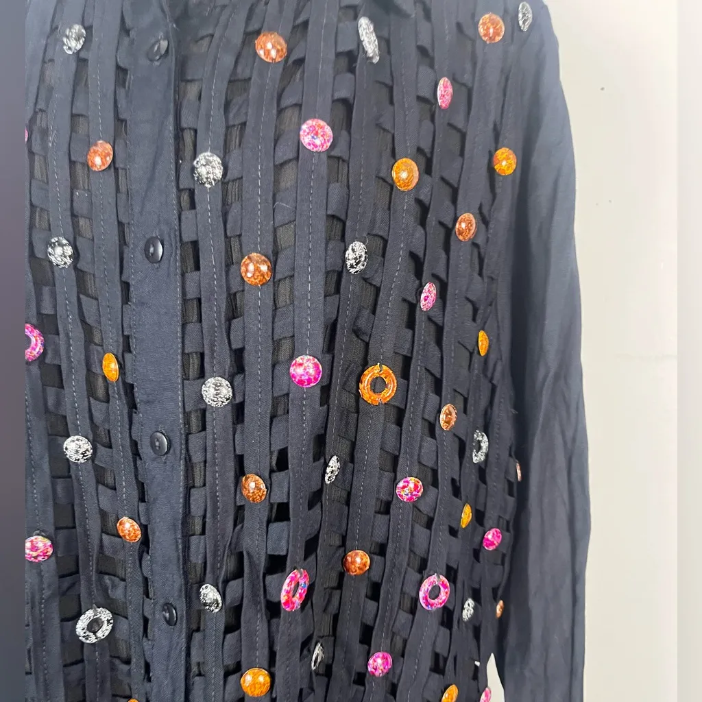 Vintage 90s XTC beaded net black long sleeve button down top size 2x - Image 2
