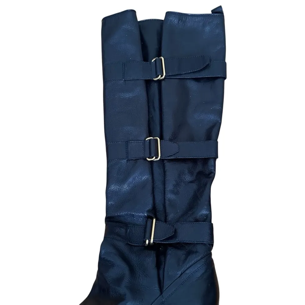 Saint Laurent YSL Vintage Tall Leather Buckle Wedge Boots Size 39/9 Black - Image 3