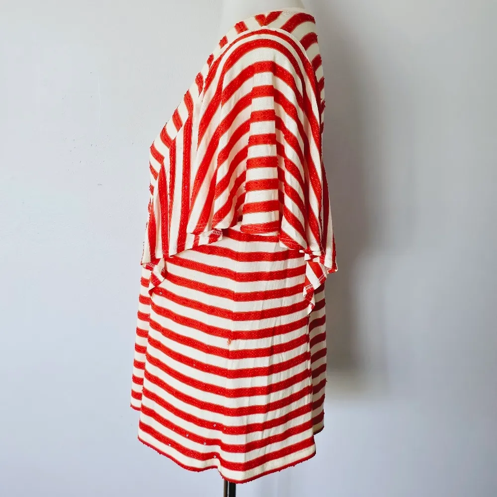W By Worrh Babette Red Red & White Sparkle Stripe Ruffle Knit Top Size Small - Image 2