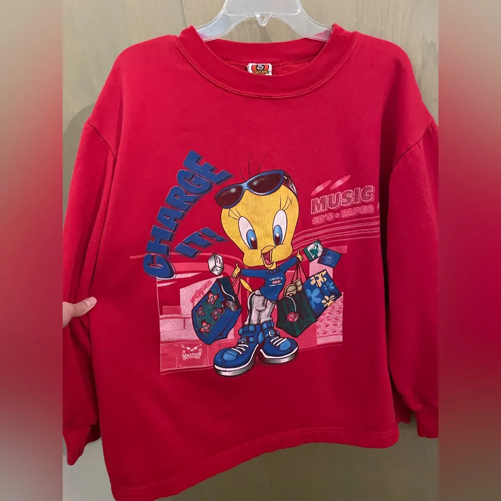 Vintage 90s Looney Tunes Tweety Bird Crewneck Sweatshirt Red Size XL - Image 2