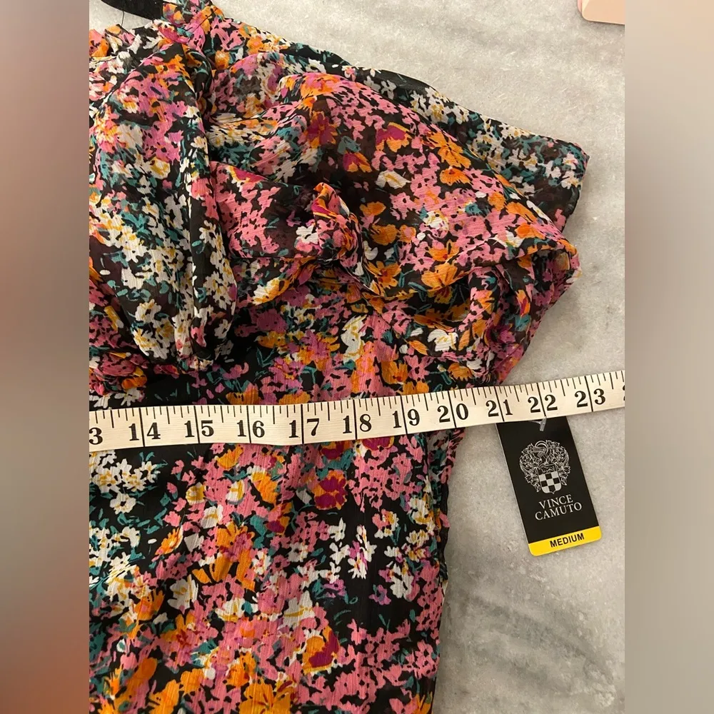 NWT Vince Camuto Size M Black Floral Ruffle Flowy Long Sleeve Sheer Mini Dress - Image 10