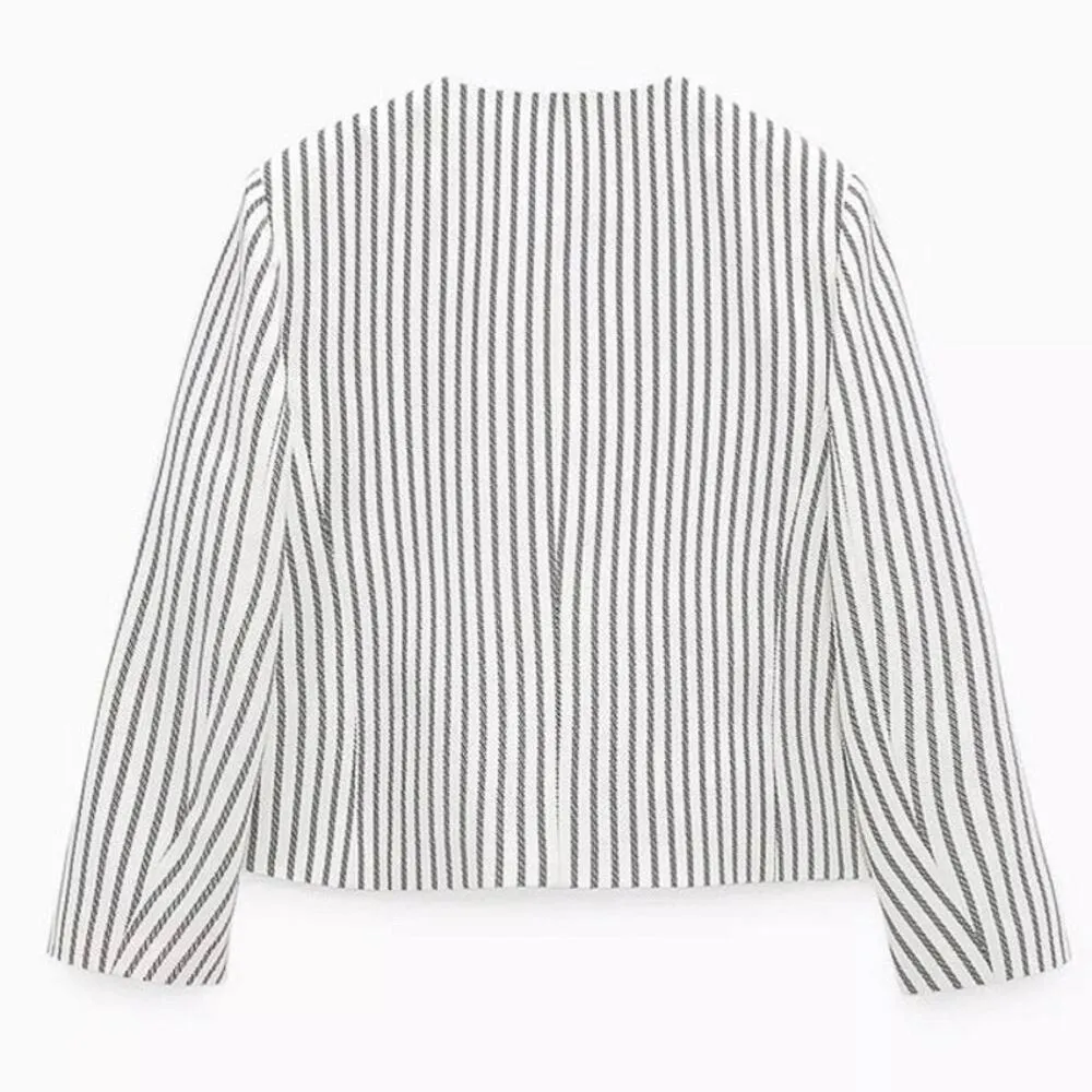 Zara Cream White Striped Long Sleeve Gold Button Down Crop Blazer Coat Jacket S - Image 12