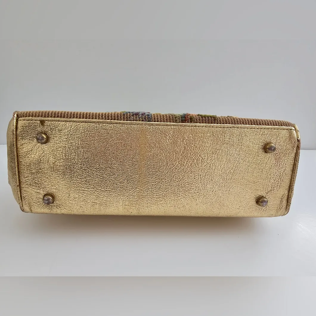 Soure Bag New York Needlepoint Embroidered Flower Gold Handbag Tan - Image 4