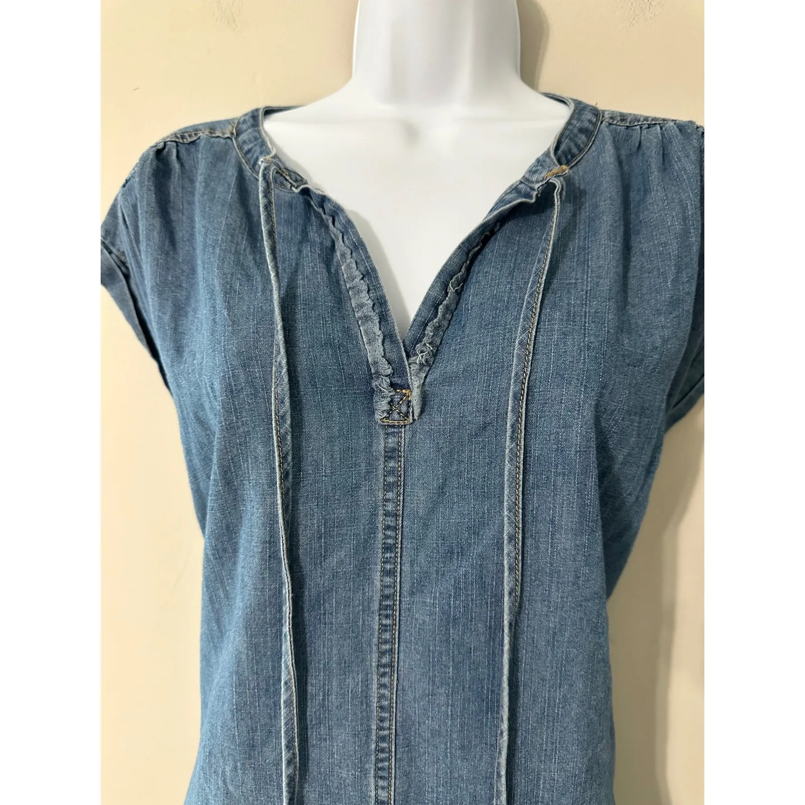 GILLI Womens Denim Dress Mini Short Sleeve Casual Blue Jean Drawstring V Neck Size L - Image 2