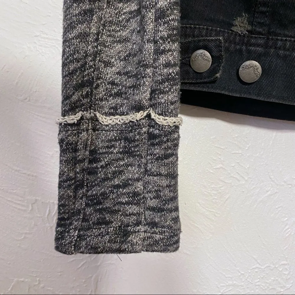FREE PEOPLE Denim Trucker Jacket Black Knit Hoodie SZ XS - Image 9