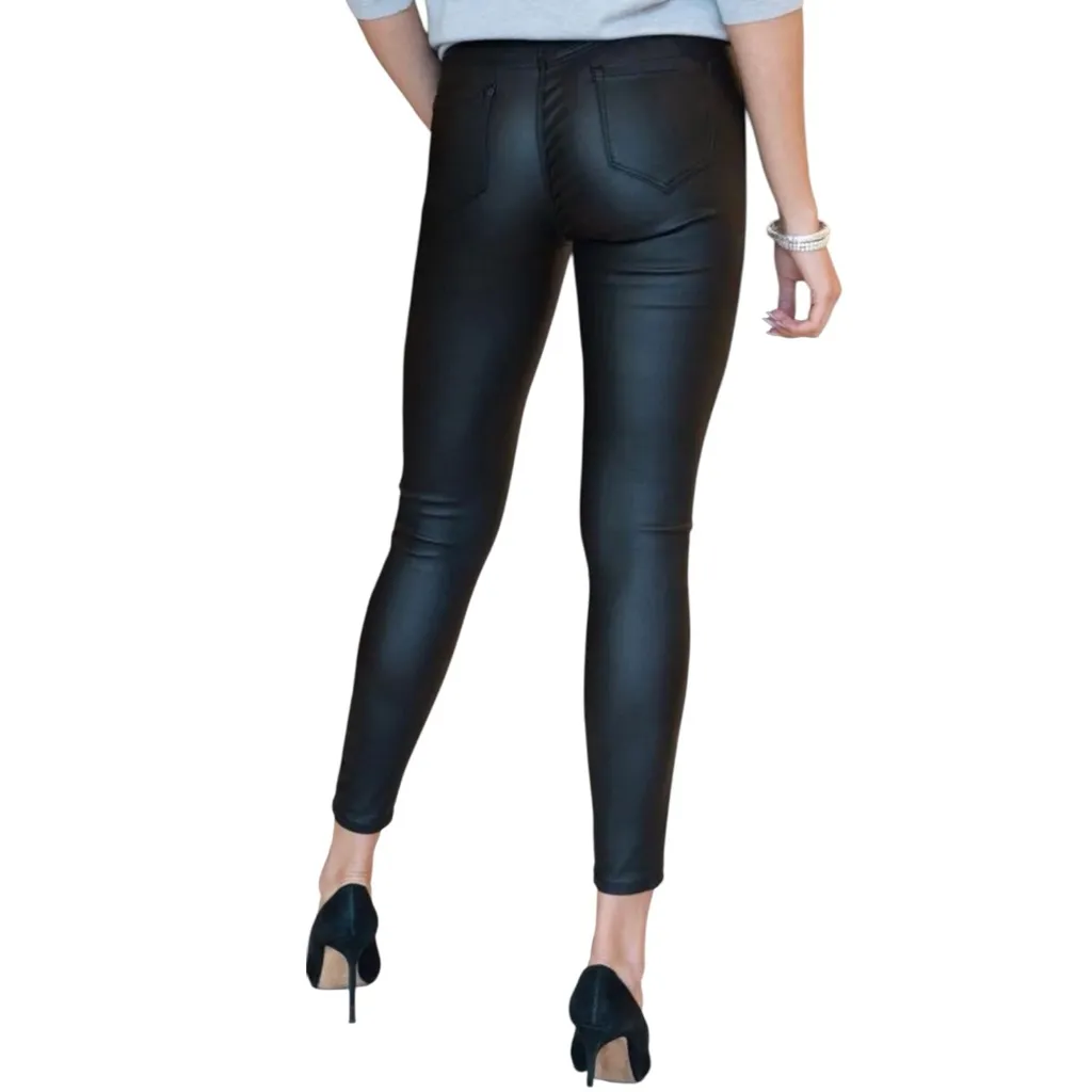 NWT Six Denim Skinny Pants Womens L Black Vegan Leather Coated High Rise Sleek Size L - Image 2