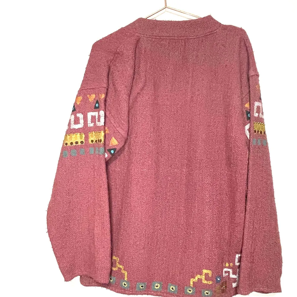 Handmade Aztec Painted Dusty Rose V-Neck Long Sleeve Sweater size Large - Image 4