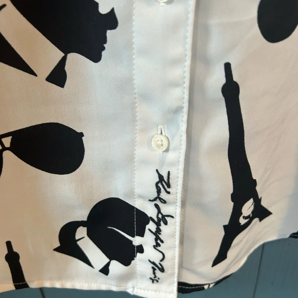 Karl Lagerfeld Black and White Graphic Button Down Shirt | Size XL - Image 7