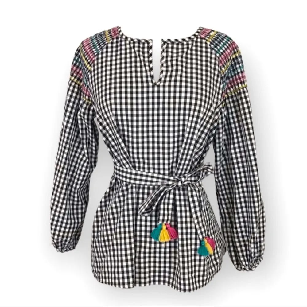 Madewell Smocked Black & White Checkered Gingham Tassel Top with Embroidery S - Image 3