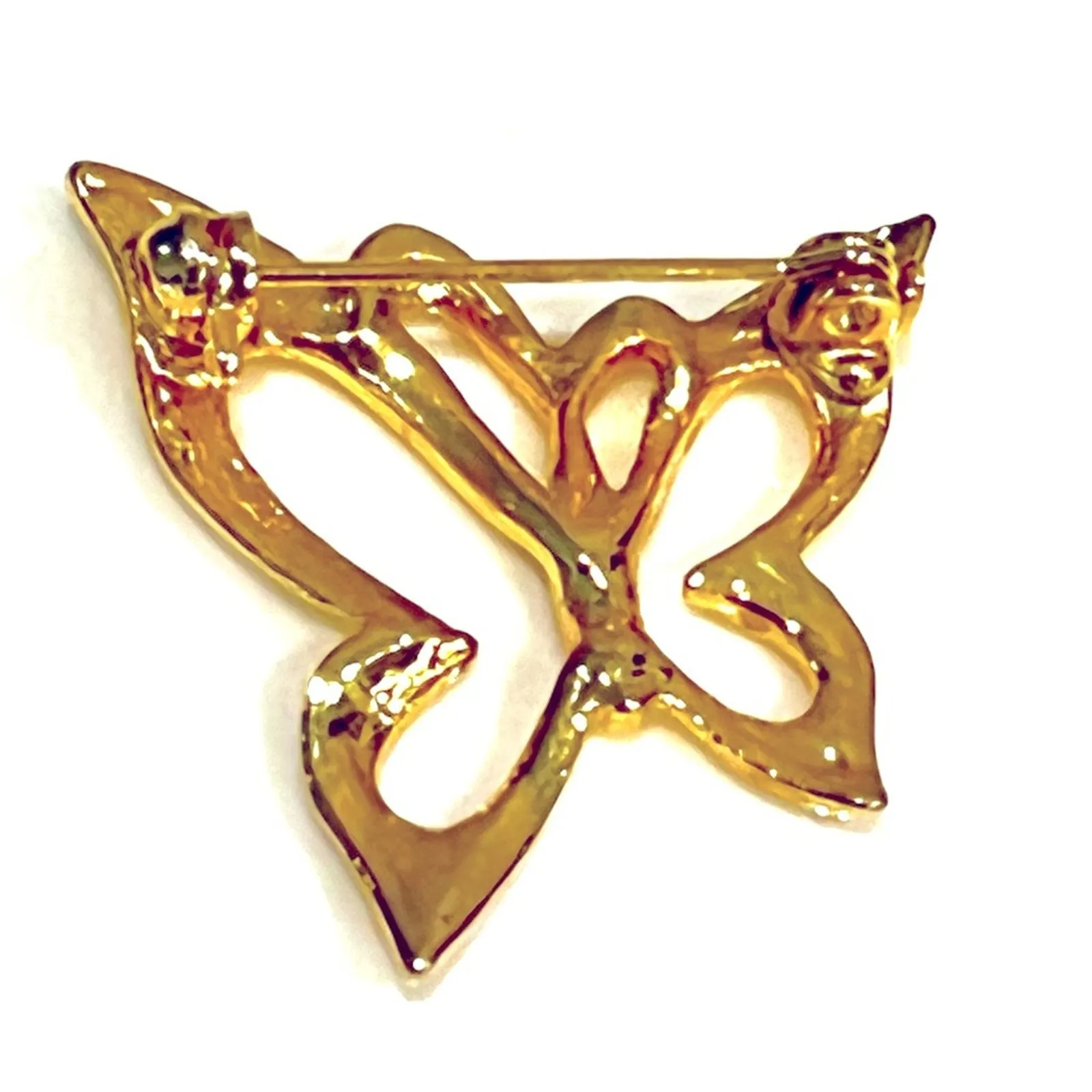 Gold Dip BUTTERFLY BROOCH PIN 1-1/8” Three Rhinestones Filigree Vintage Jewelry - Image 2
