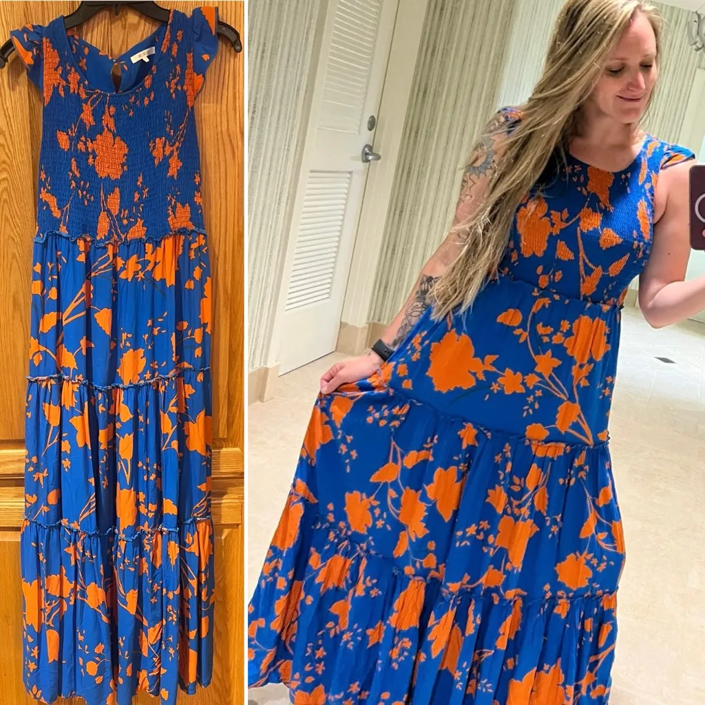 Anthropologie Abel The Label Charlie‎ Floral Tiered Maxi Dress Blue Orange Small - Image 2