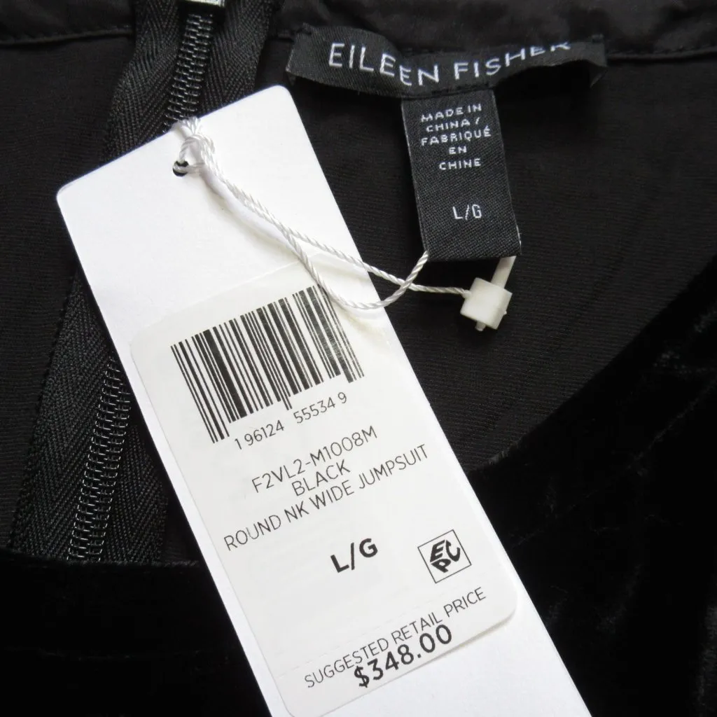 NWT Eileen Fisher Round Neck Wide Jumpsuit in Black Velvet Sleeveless Jumper L - Image 5