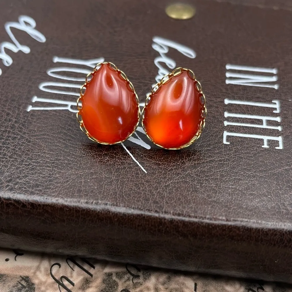 Handmade 1970s Carnelian Glass Teardrop Earrings | Artisan Vintage Boho Red - Image 5