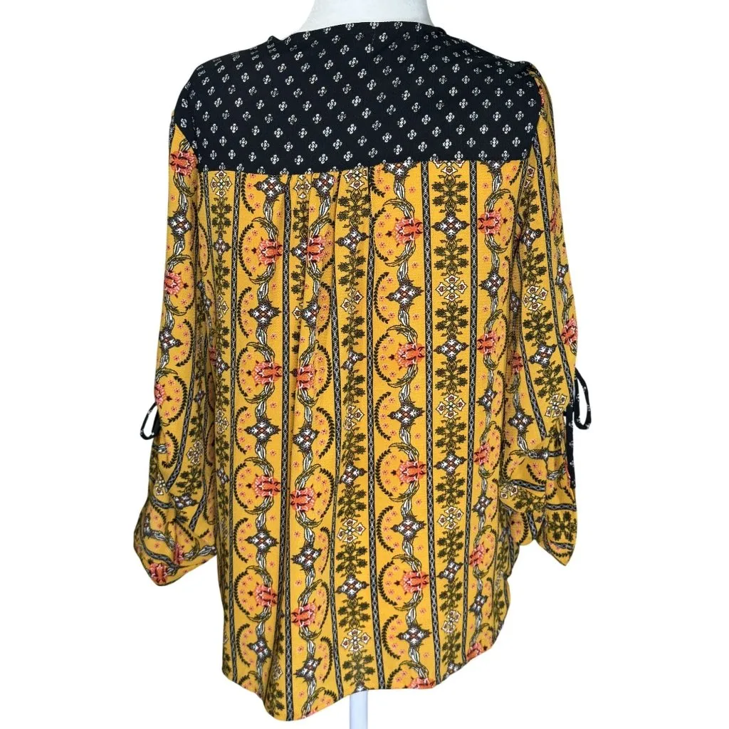 Skylar Jade Womens Blouse Size M Boho Style Yellow Black Floral Print Wrap Size M - Image 3