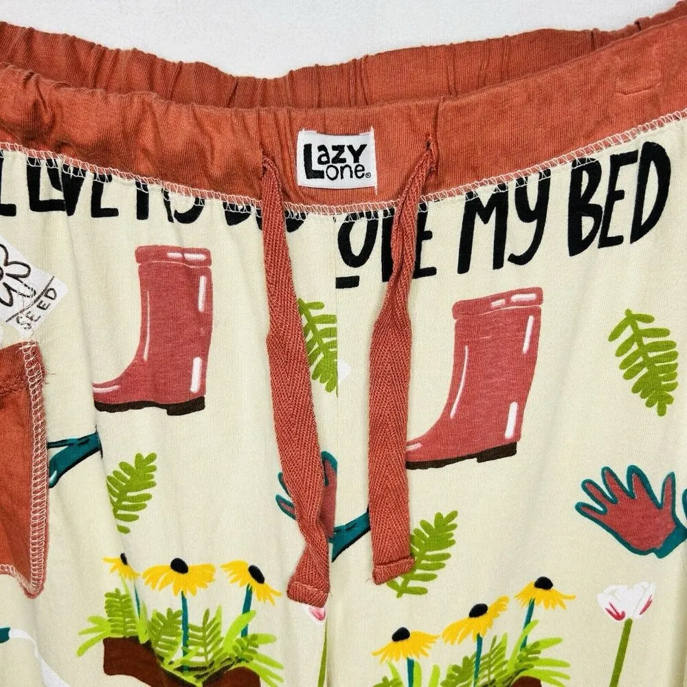 Lazy One Pajama Pants Lounge Sz L "I Love My Bed" Gardening Theme Drawstring Size L - Image 4