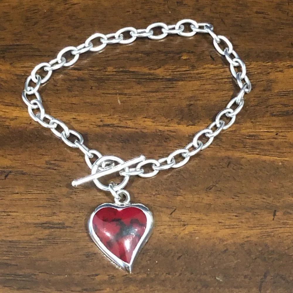 TAXCO Sterling Silver Red Jasper Heart Charm Rolo Bracelet - Image 5