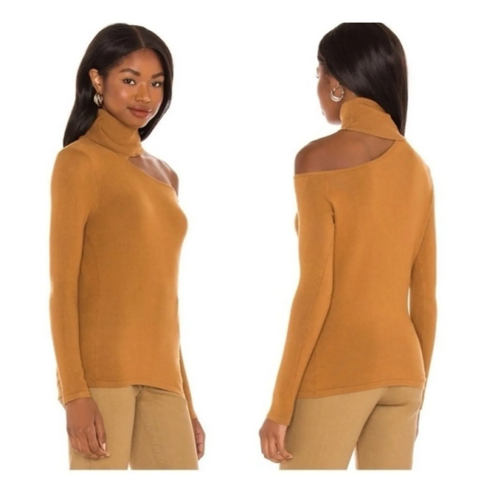 NWT L’AGENCE Nicky Cold Shoulder Fitted Turtleneck Sweater S Tan - Image 11