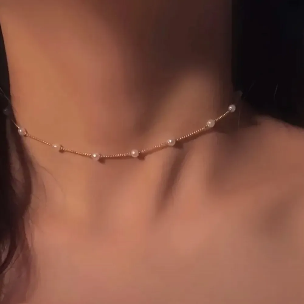 18k Gold Tone Elegant Gold and Faux Pearl Choker Necklace​​ - Image 2