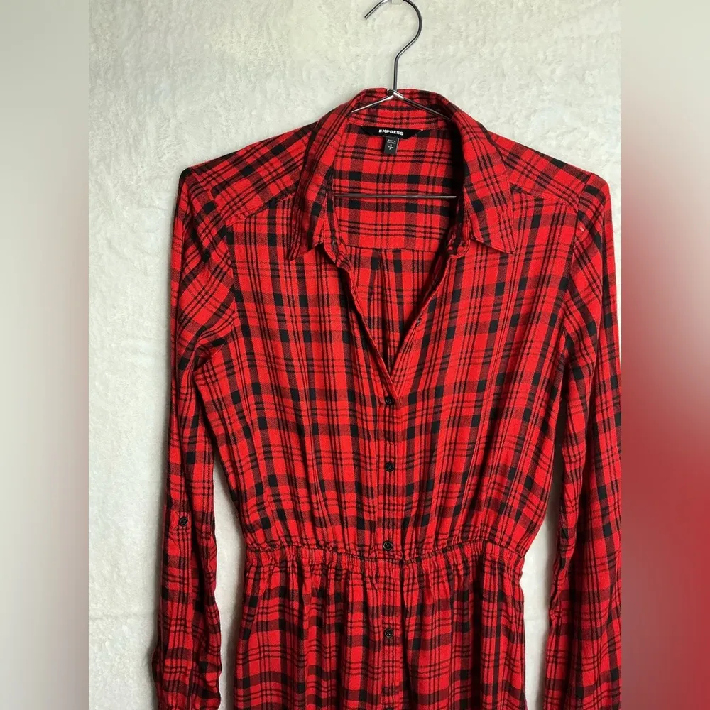 Express Red Checkered Long Sleeve Dress size S - Image 3