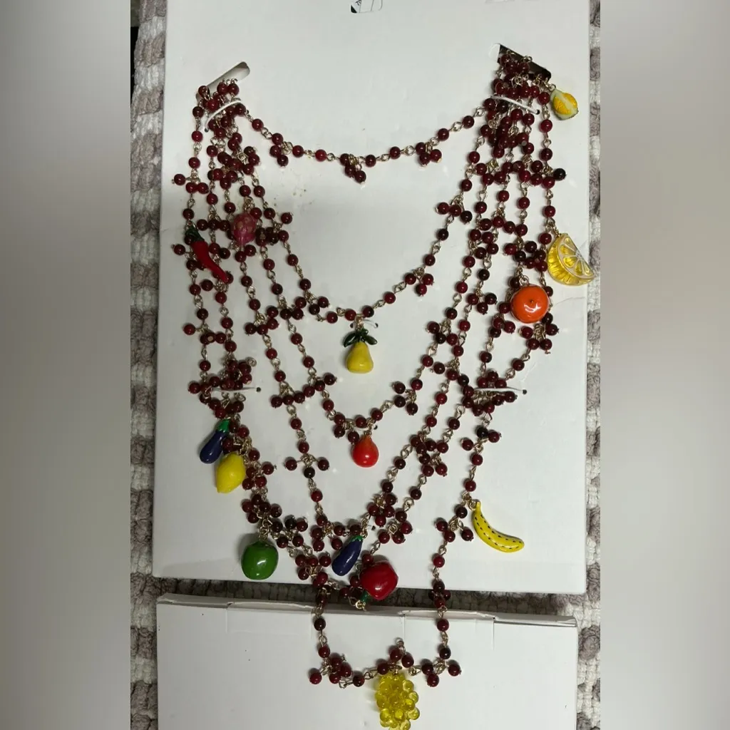 Zara Fruit Maroon Bead Waterfall Necklace Bohemian Vacation Tropical Resortwear - Image 3