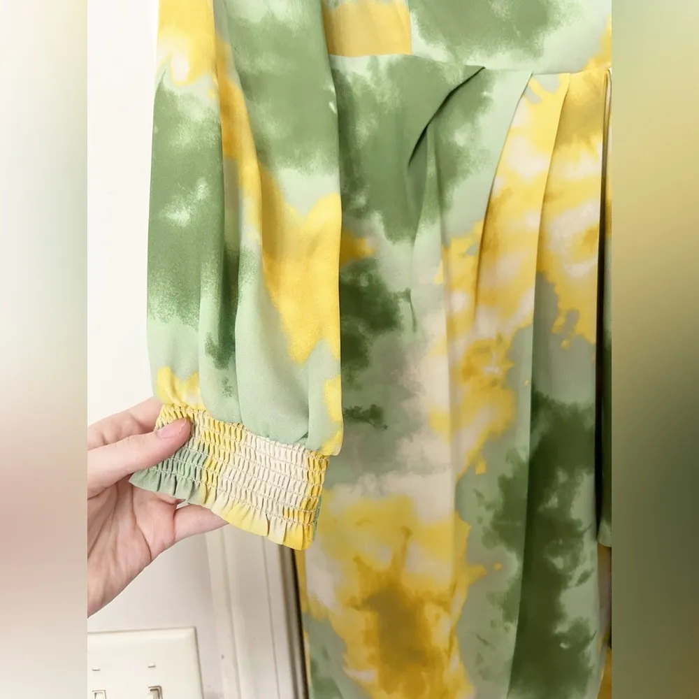 Toccin NY Tie Dye Wrap Front Long Sleeve Shirtdress Leaf Tie Dye Yellow Size 2 - Image 7