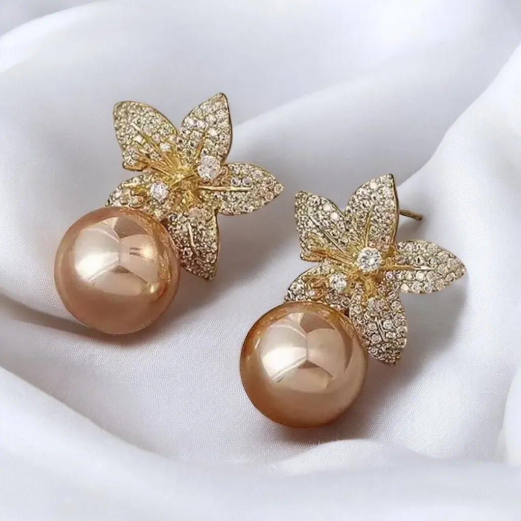 Beautiful Chic Elegant Cubic Flower‎ with Imitation Pearls, Dazzling Earrings Gold - Image 4