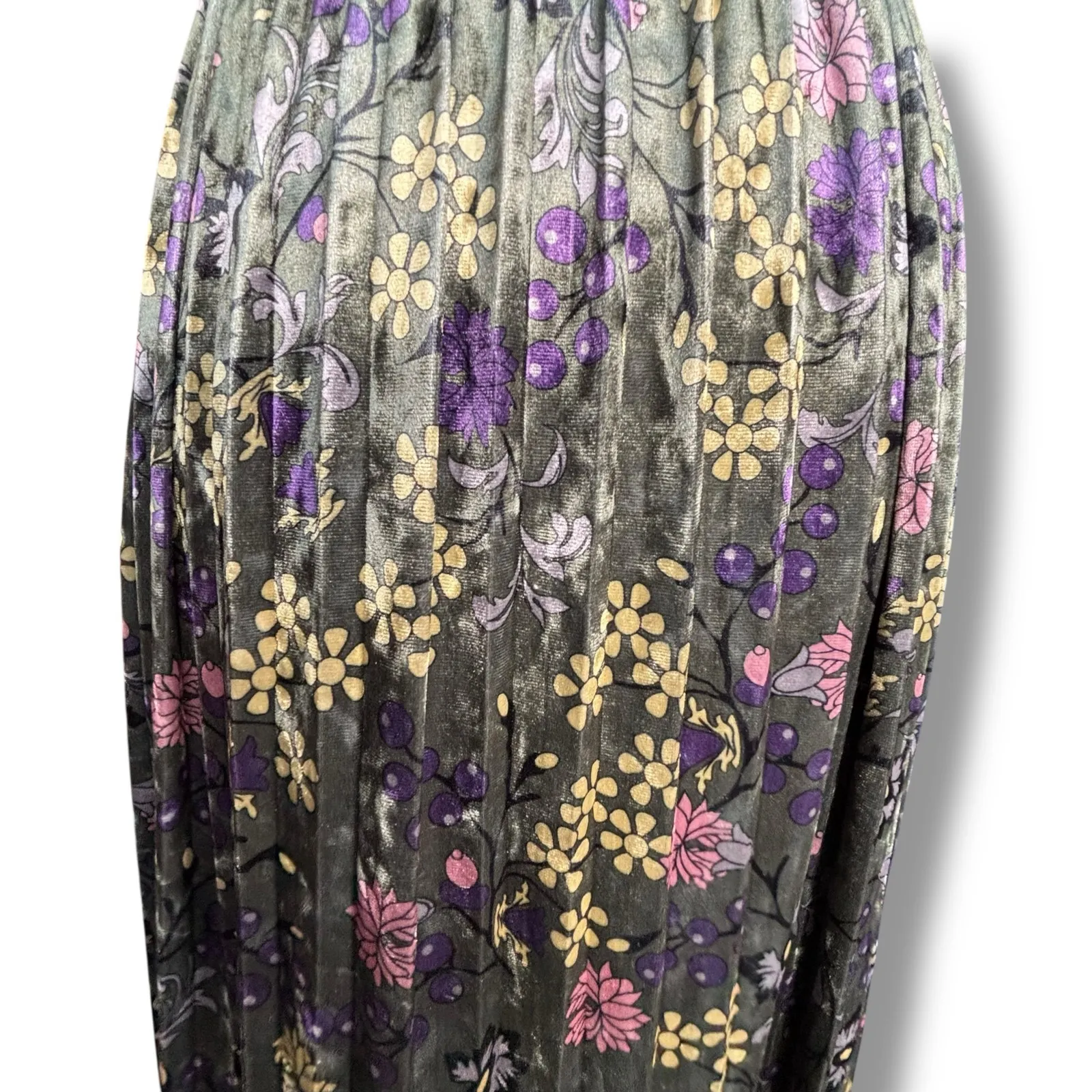 ModCloth Pleated Velvet Midi Skirt Small Floral Print Green Purple Yellow Pink - Image 4
