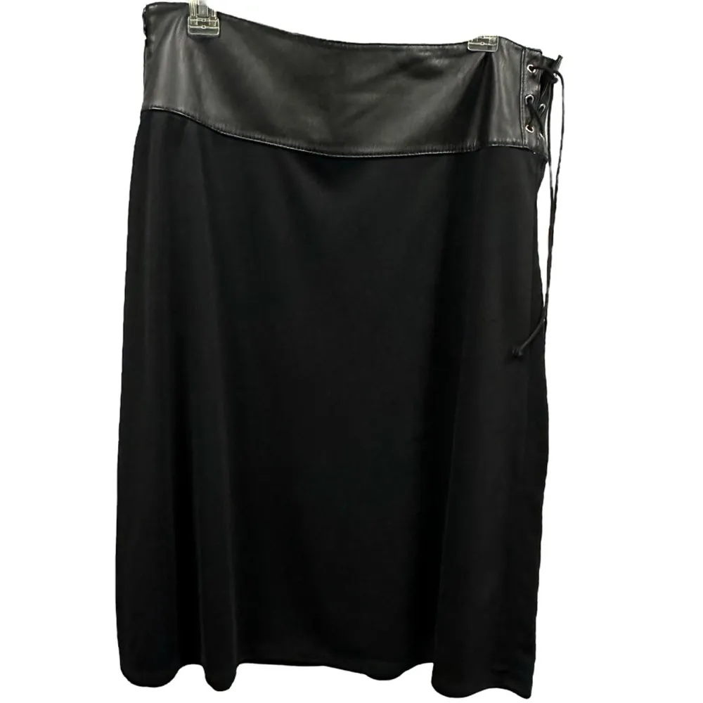 Michael Michael Kors Black Leather Laced and Zip Waist A Line Midi Skirt Size 12 - Image 7