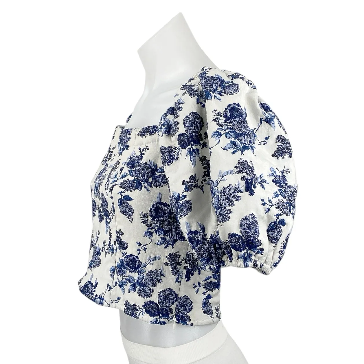 Aqua Women's White Blue Floral Short Puff Sleeve Square Blouse Crop Top Size S - Image 2