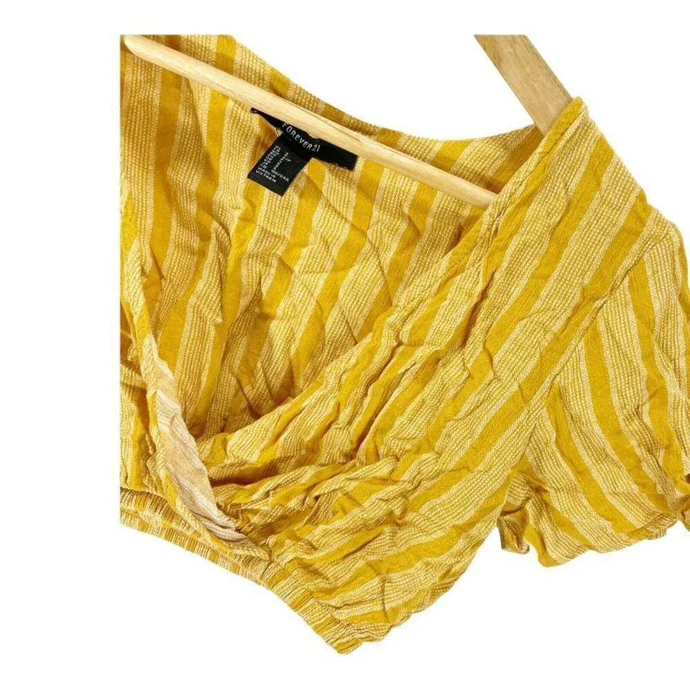 Forever 21 Yellow Striped V-neck Crop Top Sz S Short Ruffle Sleeves - Image 3