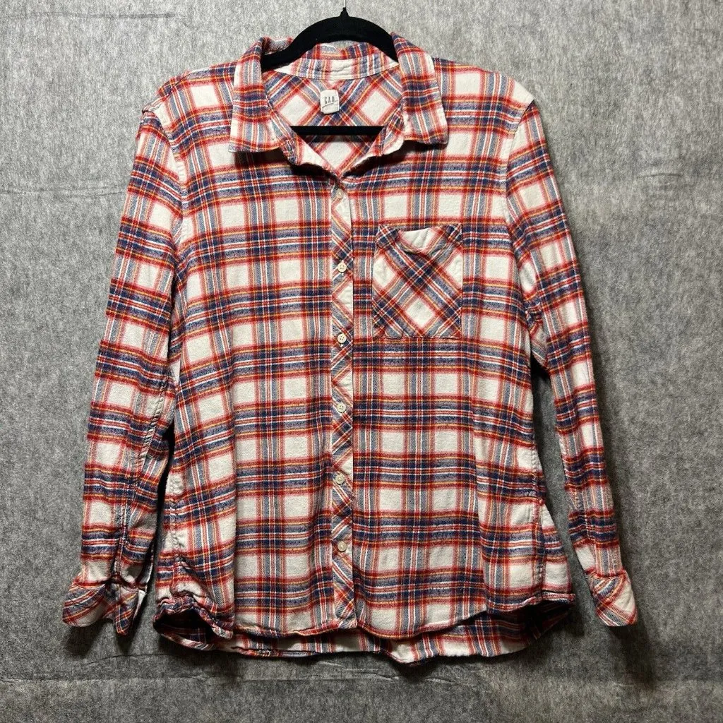 GAP Womens Flannel Shirt Size XXL Long Sleeve Plaid‎ Button Down Red Blue White - Image 8