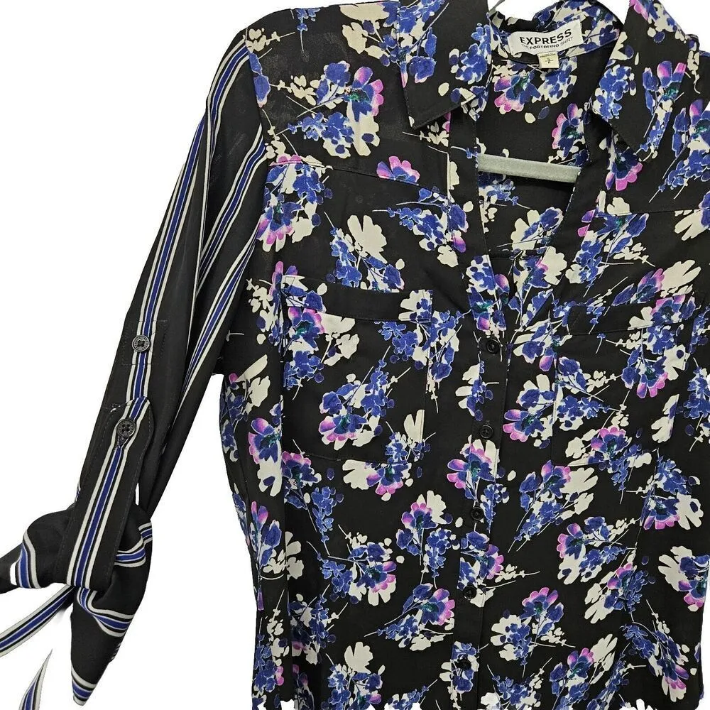 Express Portofino Floral Striped Shirt Blouse Top S Roll Tab *FLAW - Image 4