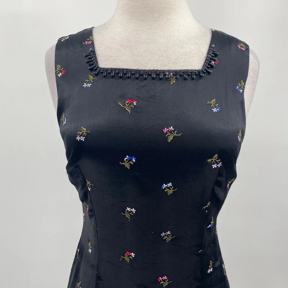 Vintage 90s Satin Mini Dress Embroidered Floral Beaded Squareneck Black Womens 8 - Image 2