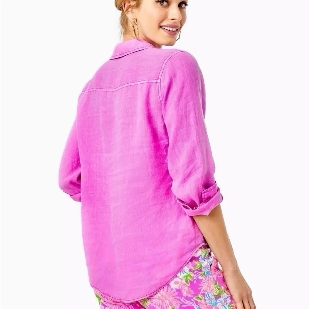 NEW Lilly Pulitzer Sea View Linen Button Down Top Amethyst Shirt XXS - Image 4