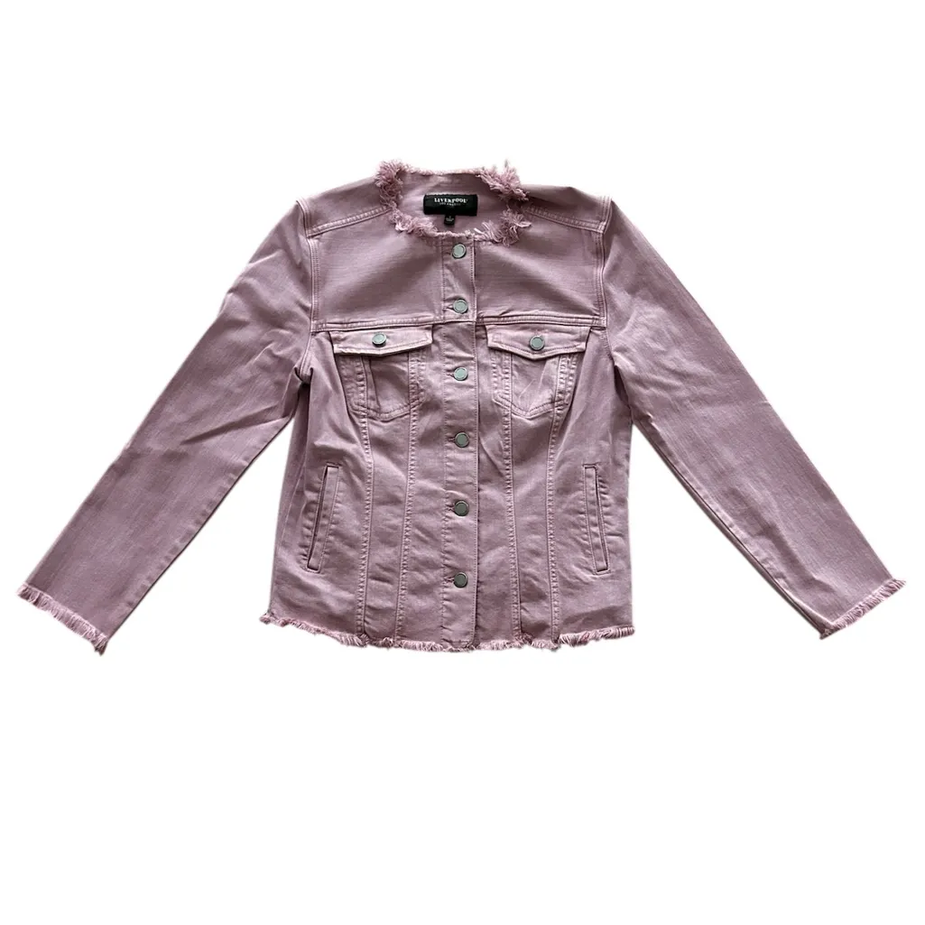 Liverpool Pink Denim Jean Jacket Women Size Small Aster Mauve Frayed - Image 10