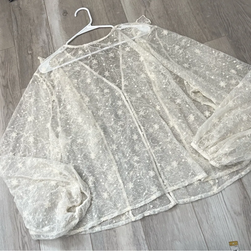 Sheer Fairy Top floral ruffle long sleeve womens Cream xlarge romantic celestial Size XL - Image 3