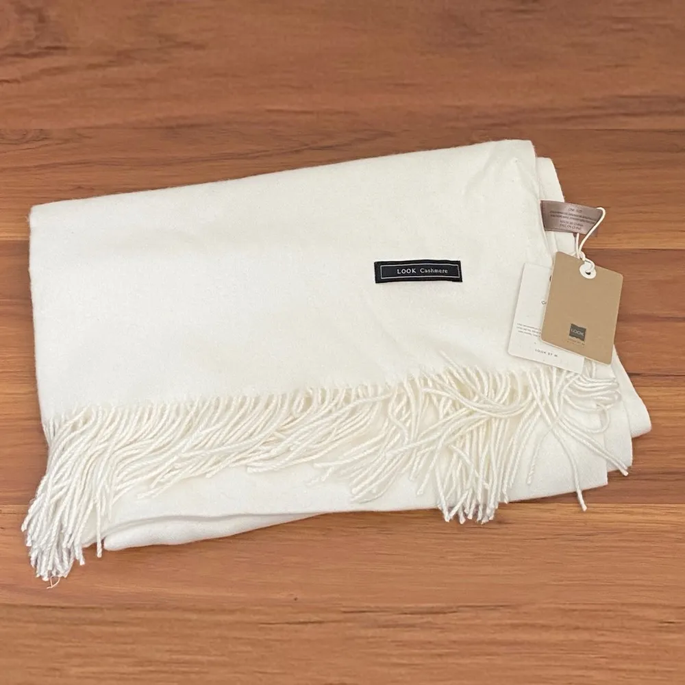 LOOK by M Cashmere Cream Soft Solid Cashmere Fringe Scarf 28”X77” - Image 3